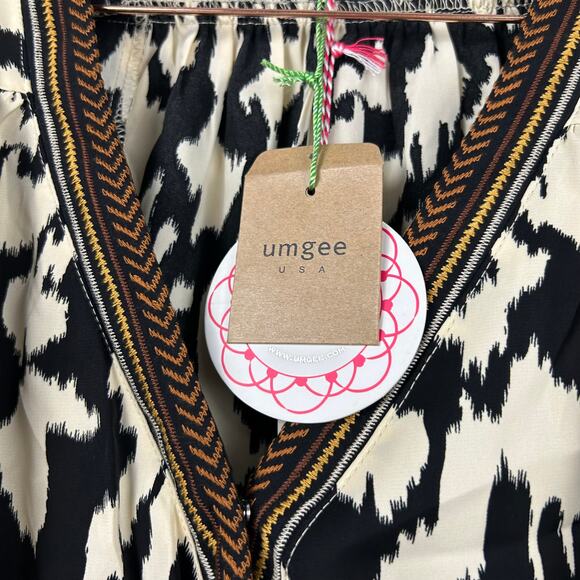 Umgee Ivory Animal Print Embroidered V Neck Faux Wrap Cinched Waist Dress L NEW - Picture 9 of 12